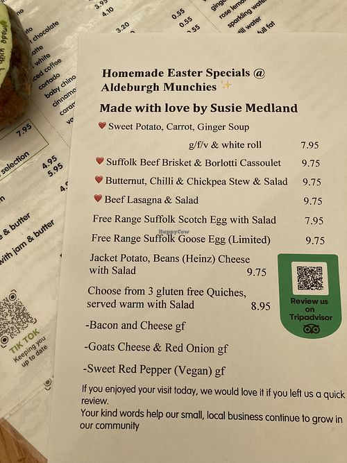 Menu with vegan choices  at Munchies in Aldeburgh