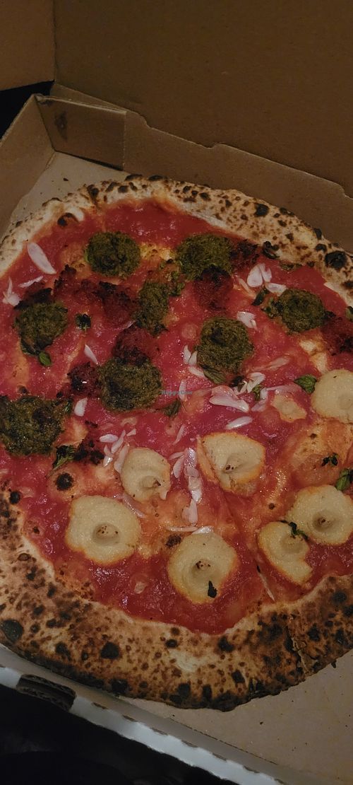 Pesto, cashew ricotta, spicy vg chorizo at Pizzicletta - Pheonix in Flagstaff