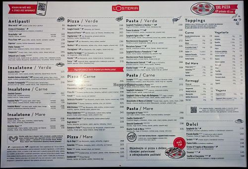 Menu page at L'Osteria at L'Osteria in Prague