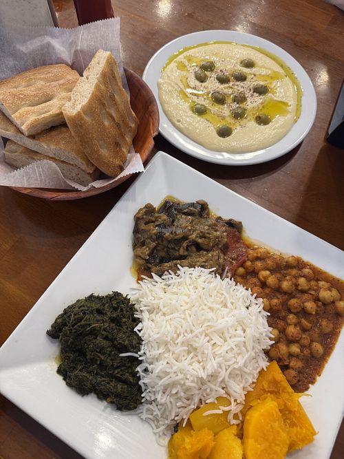 Vegetarian sample platter, hummus, and afghan naan  at Mazadar in Albany