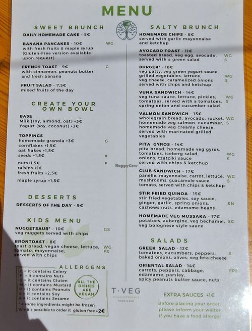 Food menu at T Veg  in Rhodes