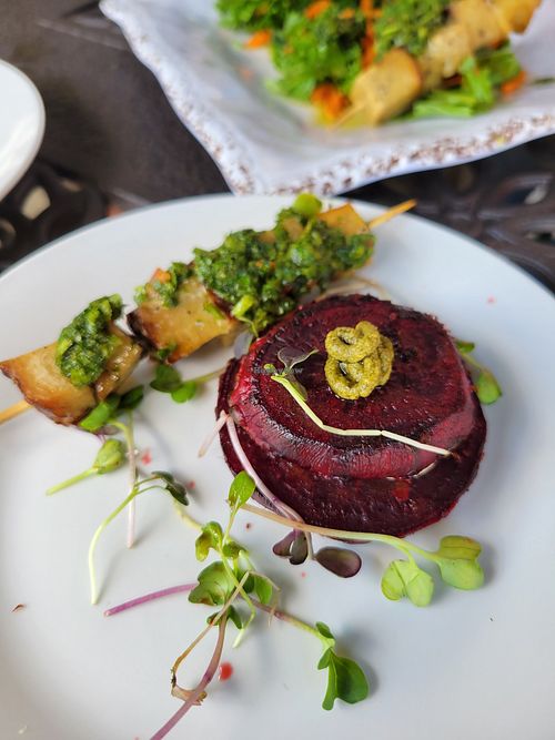 Beats tower and Seitan satay skewers at Red's Leaf Café in Metuchen