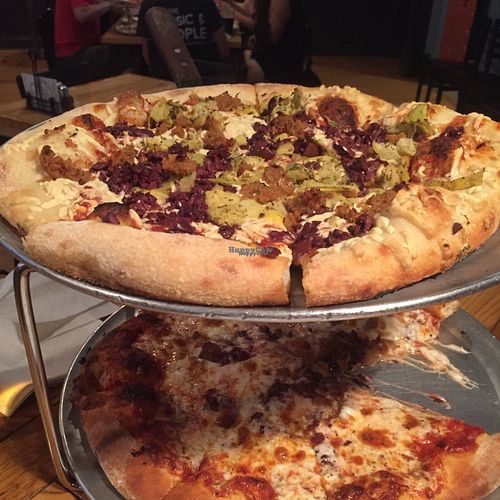 double decker veggie pizzas! at The Mitten Brewing Co in Grand Rapids