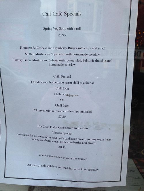 Calf Menu March 2016 at Duke Bullock's Vegan Cafe in Scarborough
