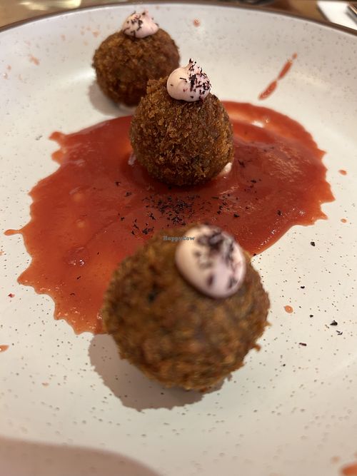 shiitake & chestnut mushroom croquettes: umeboshi mayonnaise, plum ketchup  at Mallow - Canary Wharf in East London