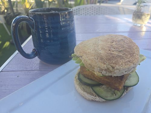 Coffee and English muffin bfast sandwich at The Source in Hermosa Beach