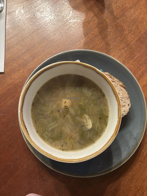 Leek and potato soup with sourdough and flora spread - nice and chunky,  not blended and full of cream  at The Glenelg Inn in Glenelg