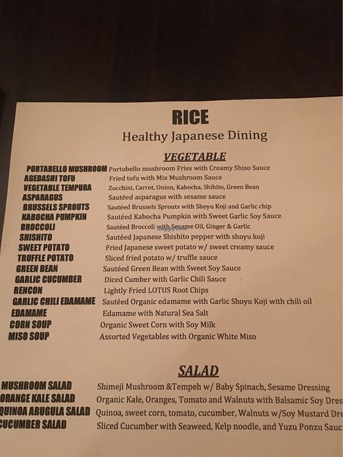 Vegetable menu at Rice in Manhattan Beach