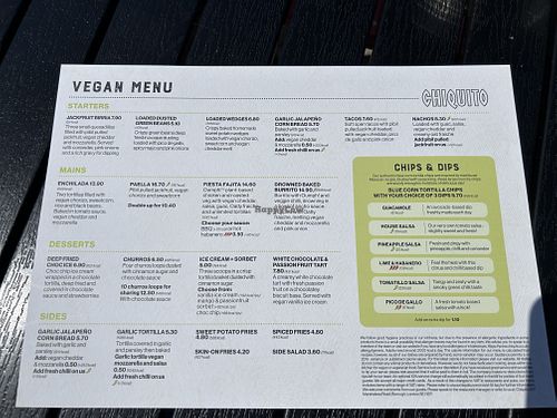Vegan menu, June 2023  at Chiquito - Liverpool in Liverpool