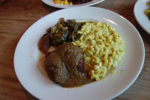 Country Fried Tofu with Mac n Cheese and Collards at Southern Charm Kitchen in Gainesville