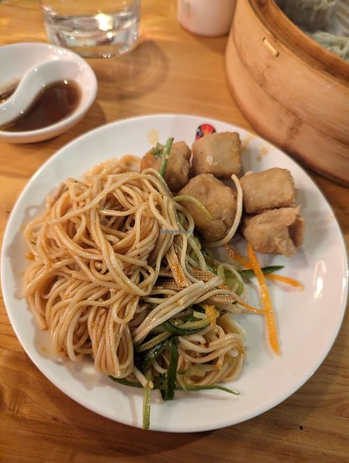 Dan Dan noodles (left) and salt and pepper tofu (right). at Chiho Bistro in Seattle