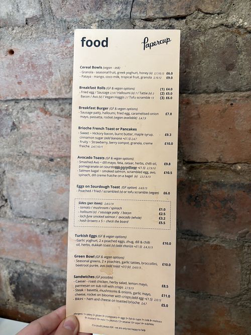 Menu (status June 2025)  at Papercup Motherwell in Motherwell