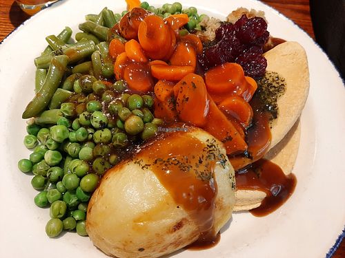 Sunday Carvery with 2 Vegan Fillets and a large roasted potato at The Wharton Park in Chester