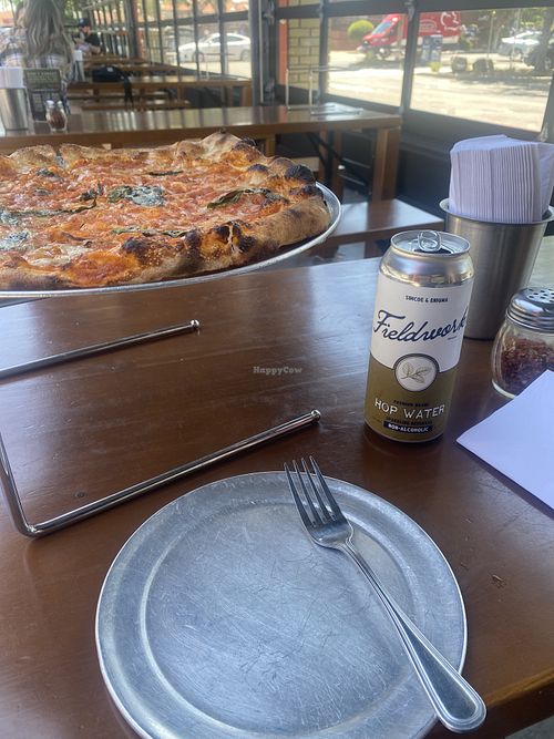Vegan Margherita Pizza and Hop Water XXX  at Fieldwork Brewing Company in San Leandro