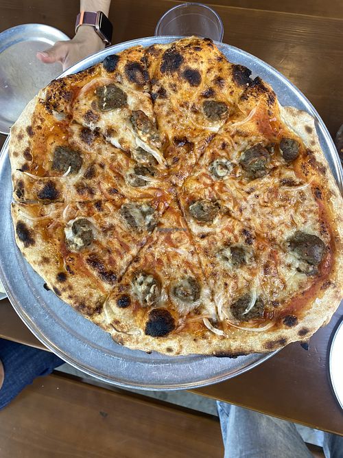 Aerial View: Vegan Glamorosa • Marinara, Vegan Meatballs, Onion, Mozzarella 😛 Highly Recommend • Omni Approved  at Fieldwork Brewing Company in San Leandro