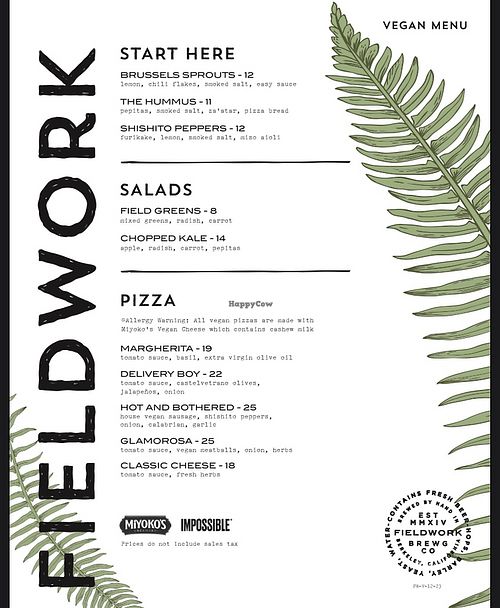 Expanded Vegan/Plant-Based Options Now Available 🌱  at Fieldwork Brewing Company in San Leandro