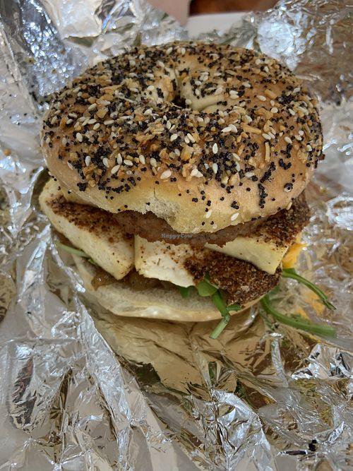vegan breakfast sandwich on everything bagel   at Owl Eyes Cafe in Buffalo
