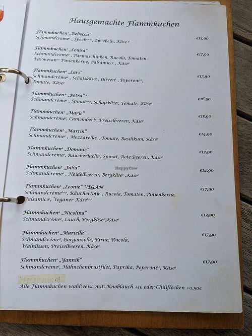 Veganer Flammkuchen 17,90€ Karte Juli 2025 at Altes Pfarrhaus Monreal in Monreal