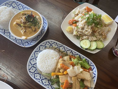 Red Curry with tofu, Pad Pak and Pineapple Fried Rice.   at Thai Basil in Madera