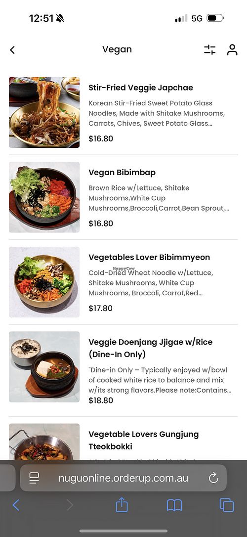 Vegan menu  at Nugu in Sydney