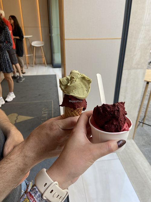 Sorbet and ice cream (not sure if the cone is vegan or vegetarian as I had the pot)  at Arthur Gelato in Bratislava