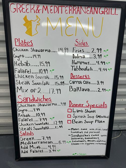 Menu showing vegan options at Greek & Mediterranean Grill in Rocky Mount