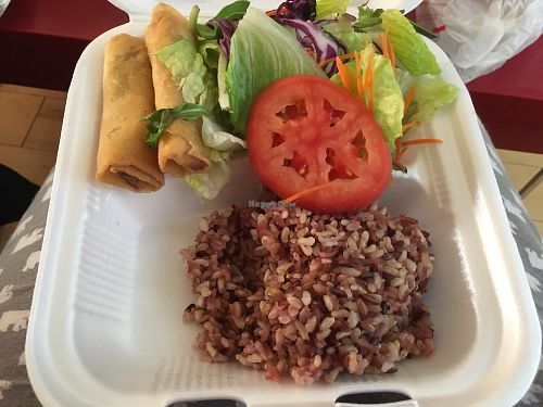 this is what comes with dinner combo: rice, salad and spring roll at Thai Heritage & Vegan - Nob Hill in Albuquerque