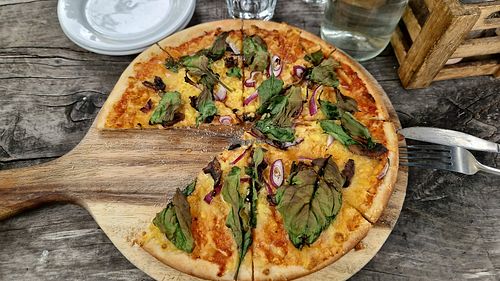 Tasty mushroom spinach pizza with vegan cheese at Gibbston Tavern in Gibbston