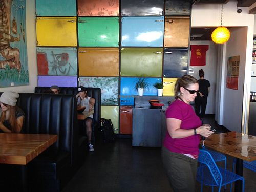 wall of car doors at Green New American Vegetarian in Tempe