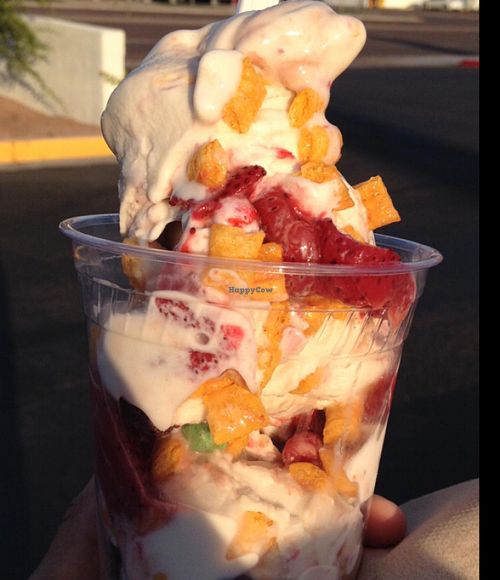 Soy Capitan Tsoynami: vanilla soft serve, Captain Crunch cereal, & strawberries  at Green New American Vegetarian in Tempe