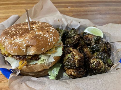Big wac burger and fried Brussel sprouts    at Green New American Vegetarian in Tempe