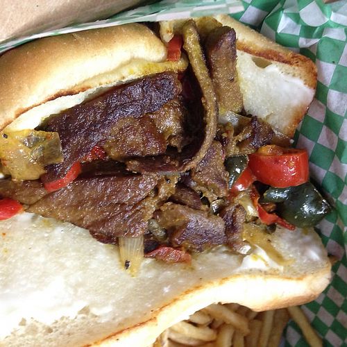The Argentine Po'Boy: seitan steak, caramelized peppers & onions, vegan mayo & spicy chimichurri sauce at Green New American Vegetarian in Tempe