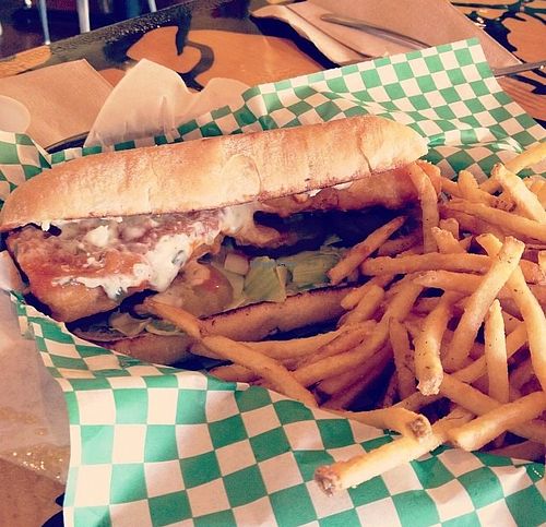 Faux-let o' No Fish po'boy (another special served during Lent 2014).
This is one of my favorite specials: Faux fish, tartar sauce, hot sauce, pickles, lettuce. SO good!
(He needs to bottle that homemade tartar sauce and sell it!) at Green New American Vegetarian in Tempe