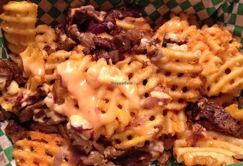 Vegan Animal Fries: waffle fries, special sauce, grilled onions, garlicky carne asada (also comes with cheese, but as always, I omit the cheese). This was a special; it is not on the regular menu (at this time). at Green New American Vegetarian in Tempe