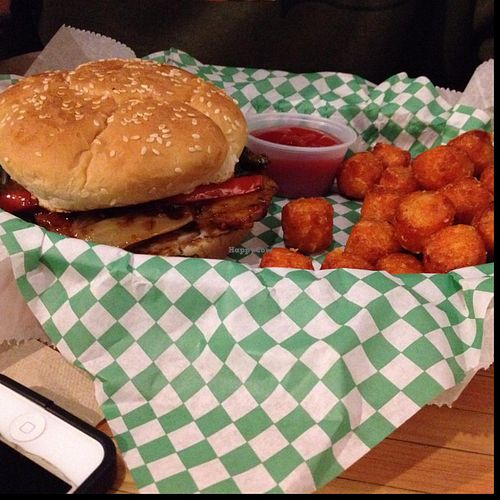 Secret BBQ Chicken Sandwich with sweet potato tots at Green New American Vegetarian in Tempe