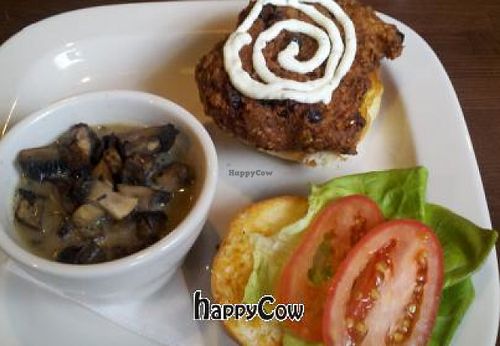 Housemade veggie burger with lime sour cream and a side of grilled portobello mushrooms. at The WORX in Greensboro
