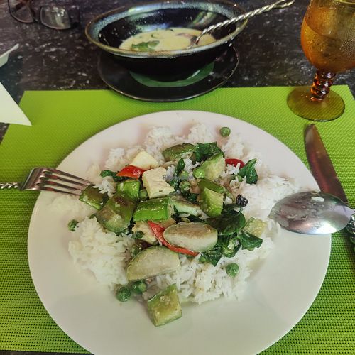 3 Aubergine green curry and Jasmine rice. at Na Aroon in Bangkok