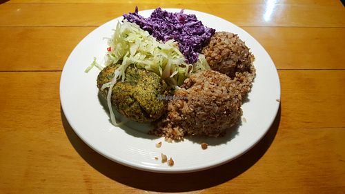 From downstairs: 
Delicious spinach croquette with buckwheat and salads. Yummiest food I had in the city. I think it was just 14 zloty, too! at Vega in Wroclaw