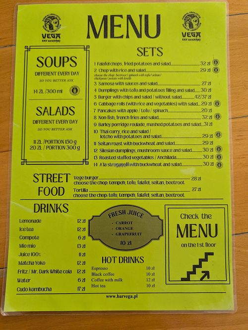 Downstairs menu as of July 29th, 2025 at Vega in Wroclaw