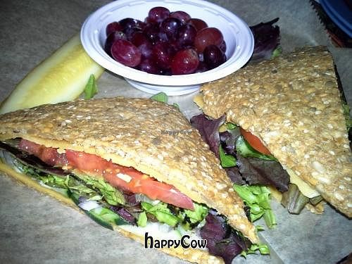 100% Raw/Vegan Shakti Sunshine Sandwich: Two slices of rich cashew cheeze topped with spring mix, tomatoes, red onions and cucumbers. at European Street in Jacksonville