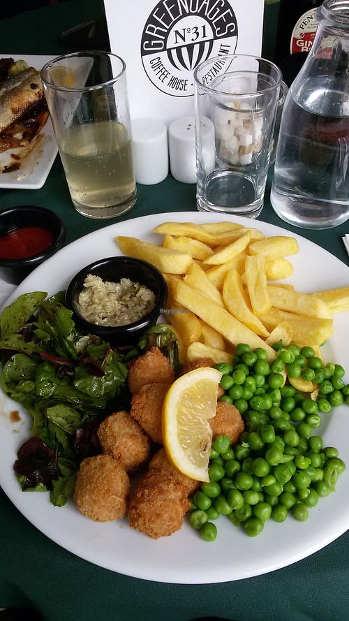 Vegan scampi bites with chips and peas at Greengages in Salisbury