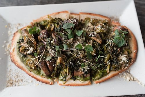 greens on flatbread: cashew pesto, garlic, dark greens, broccoli, chives, brussels, onions, mushrooms, white wine at Zest Kitchen & Bar in Salt Lake City