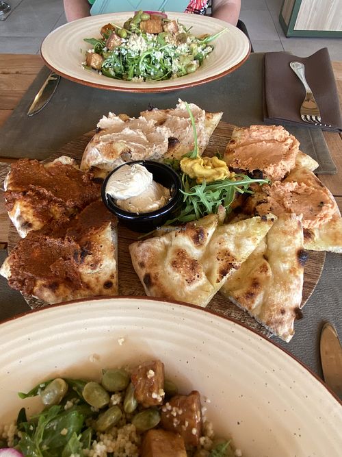 “Tortilla” bread with vegan tuna, garlic, hummus, etc  at Olíva in Stari Grad