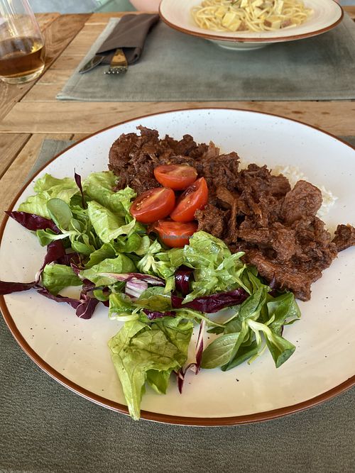 BBQ soy chunks with rice and salad   at Olíva in Stari Grad