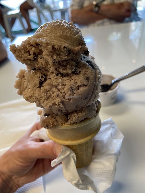 Chocolate chunk—two scoops on a cake cone  at Bean's Ice Cream in Poquoson