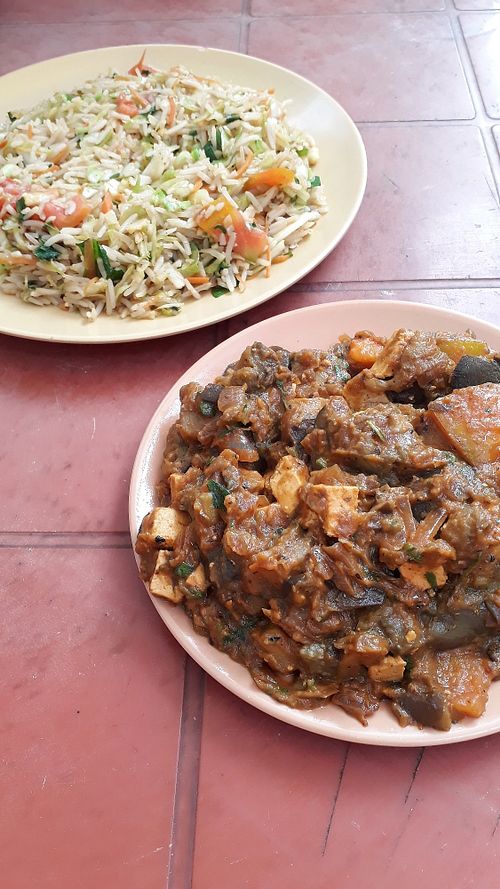 Eggplant special with tofu and veg fried rice at Mohammads in Bodhgaya