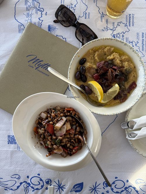 Black eyed bean salad and fava dip - both are 10/10! Came back for the bean salad 2x  at Mythos  in Amorgos