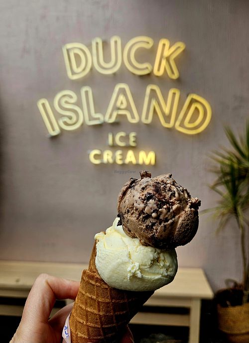 Chocolate Salted Brownie and Passion Fruit on a GF Waffle Cone at Duck Island Ice Cream   in Auckland