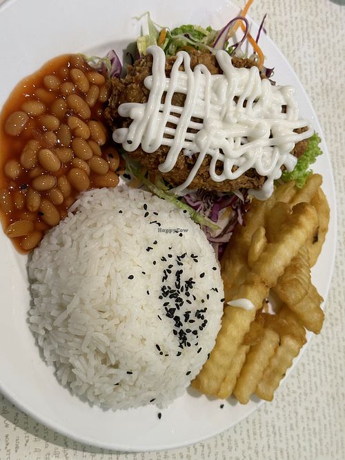 Chicken cutlet rice with Mayo  at Vegetarian Express Cafe in Northeast Singapore