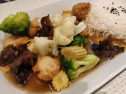 Monkey head mushrooms vegetables rice at Vegetarian Express Cafe in Northeast Singapore